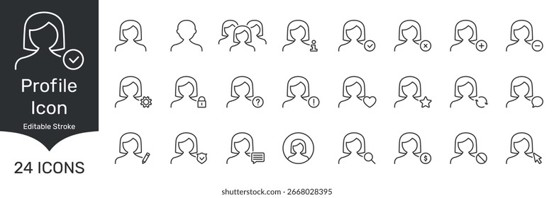 Conjunto De Iconos De Línea De Interacción De Perfil Y Usuario. Perfil, Persona, Cuenta De Usuario, Comunicación Y Elementos De Interfaz Describen La Colección De Símbolos. Trazo Editable. Ilustración vectorial aislada.