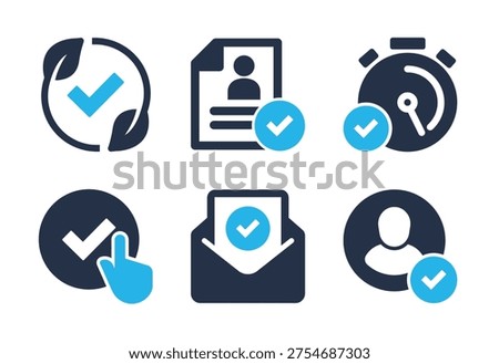 Profile Validation, Timeliness, and Environmental Sustainability icon set. Solid glyph series icons