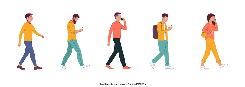 The profile of various people walking down the street. flat design style minimal vector illustration