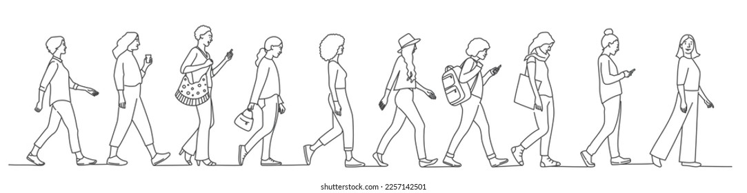 The profile of various women walking down the street. Hand drawn vector illustration.