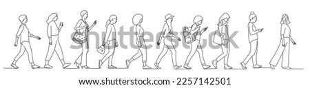 The profile of various women walking down the street. Hand drawn vector illustration.