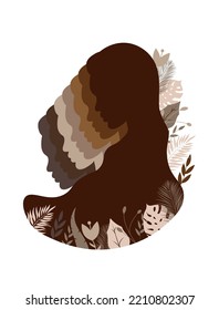profile vector of female heads of different skin colors. banner with multiethnic women.