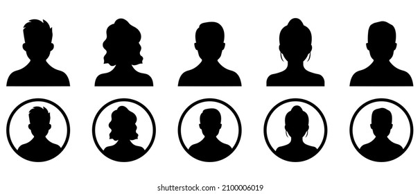 Conjunto de iconos de vector de perfil. Foto de avatar. Siluetas de cabeza masculina y femenina