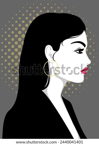 Profile vector portrait of beatiful elegant woman with gold hoop earrings, full red lips and long black hair