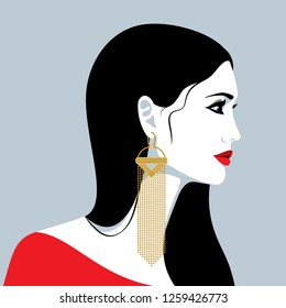 Profile vector portrait of beatiful woman with long earring