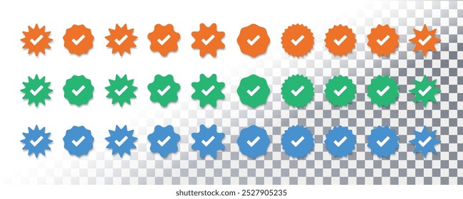 Profile verification badge set with check mark. Social media account verification icons. Approved, guaranteed, verified and protected. Vector illustration.