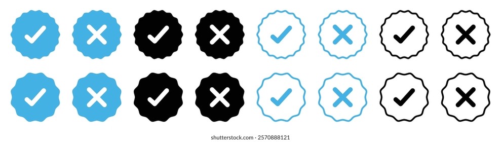 Profile verification with check marks and cross mark icons set blue and black color. Verified and unverified account sign symbol. Silhouette and outline style. Vector illustration.