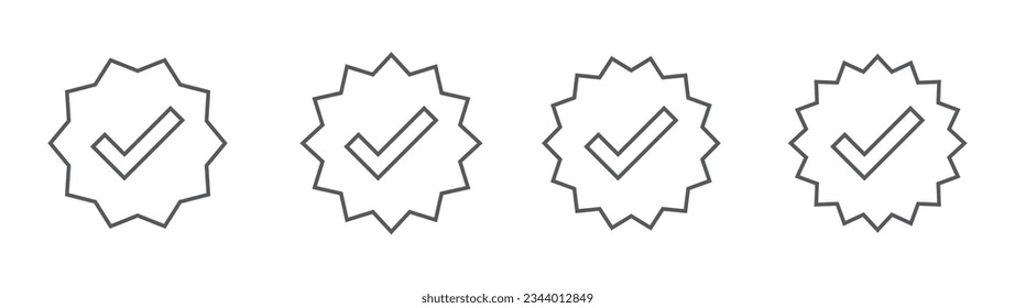 Profile verification check marks icons set. Verification icon line, Guaranteed stamp or verified badge. Verified icon stamp. Approved line icon vector. Checklist icon vector. Approved profile symbol.