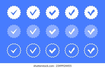Profile verification icons. Verified badge. Approved icon. Check mark. Badges of approval, quality, accept and verified. Vector illustration.