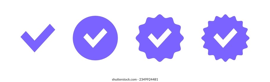 Profile verification icons. Verified badge. Approved icon. Check mark. Badges of approval, quality, accept and verified. Vector illustration.