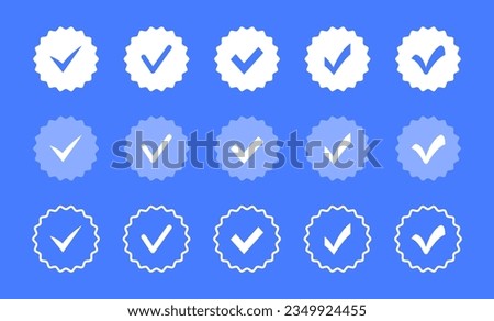 Profile verification icons. Verified badge. Approved icon. Check mark. Badges of approval, quality, accept and verified. Vector illustration.