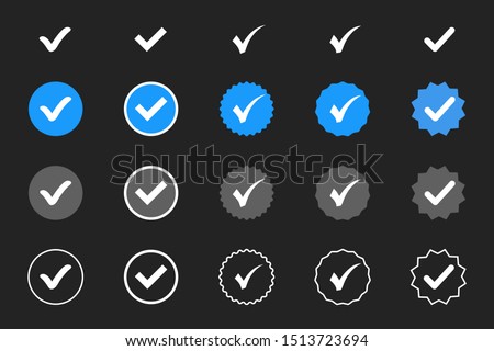 Profile Verification. Verified badge. Set of verified icon with social media verified badge style. Approved icon. Accept badge. Check mark. Approved, verified and protected icons set Stock photo © 
