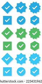 Profile Verification WHITE BACKGROUND. Verified badge. Verified icon set with social media verified badge style. Approved icon. Receive badge. Check mark. Approved, verified and protected icon set