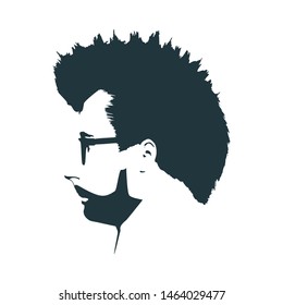 Profile view of bearded man wearing spectacles. Male face silhouette or icon. Mohawk hair style.