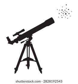 Profile view of a black telescope silhouette on a tripod pointed toward a cluster of stars, evoking a sense of wonder and scientific curiosity isolated on a white background.