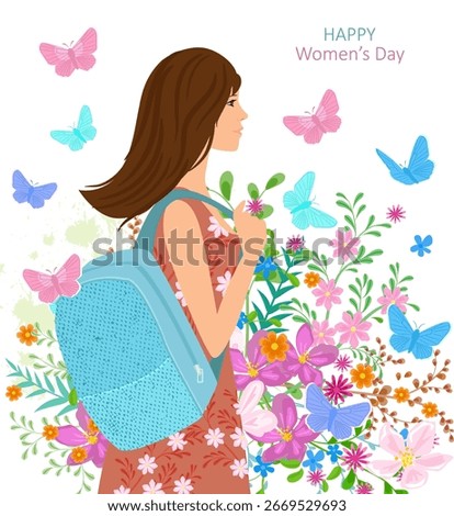 profile view of brunette  woman with backpack in blooming garden. wildflowers and flying butterflies. happy womens day. mother day