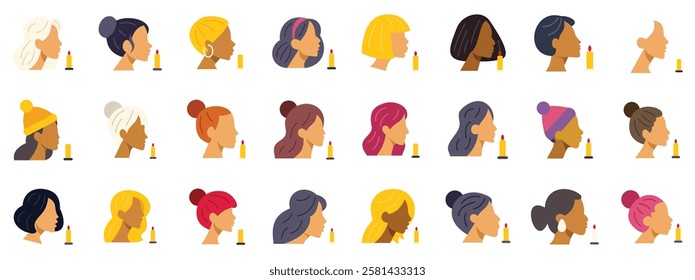 Profile view of diverse women applying lipstick, showcasing different ethnicities, hairstyles, and skin tones