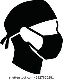 Profile view of a faceless surgeon wearing a medical mask and blue scrubs. Minimalist vector illustration of a professional healthcare specialist.