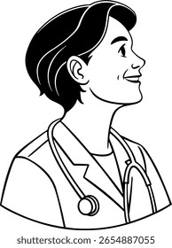 Profile view of a female doctor wearing a lab coat and stethoscope.