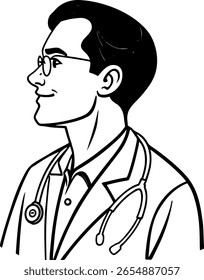 Profile view of a male doctor wearing glasses and a stethoscope.