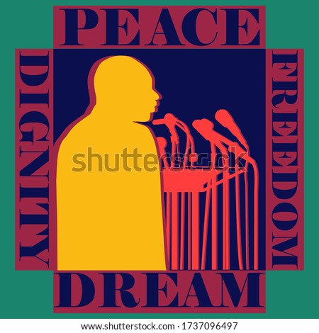Profile view of a man giving speech on American dream Peace Freedom and human Dignity