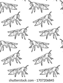 Profile view outline style wasp seamless pattern. Decoration for greeting card, wrapper and textile. White background, vector.