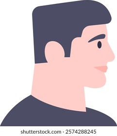 Profile view portrait of a young man gazing to the right, featuring a neutral expression. Simple flat vector illustration set against a clean white background