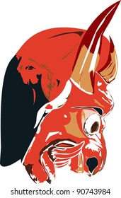 Profile view of Red Devil Face Mask with horns.