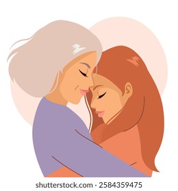 Profile view senior woman and young adult daughter embracing for a mother’s day postcard with togetherness concept vector illustration