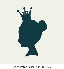 Profile view silhouette of a princess or queen. Cute adolescent girl portrait. Fashion branding emblem