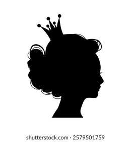 Profile view silhouette of a princess or queen. Cute girl portrait. Fashion branding emblem.