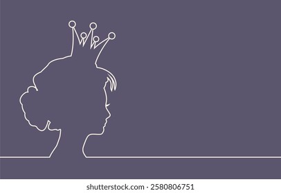 Profile view silhouette of a princess or queen. Cute girl portrait. Fashion branding emblem. Thin line style