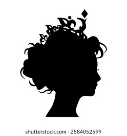 Profile view silhouette of a princess or queen. Cute girl portrait. Fashion branding emblem.