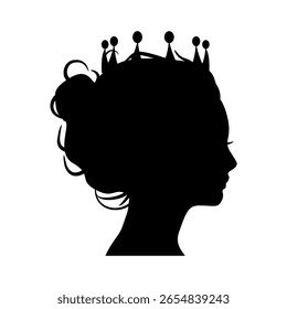 Profilansicht Silhouette einer Prinzessin oder Königin. Nettes Mädchenporträt. Modemarken-Emblem.