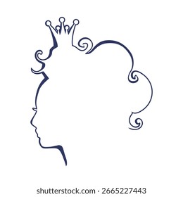 Perfil vista silueta de una princesa o reina. Lindo retrato de niña. Emblema de marca de moda. Estilo de línea delgada