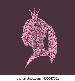 Profile view silhouette of a princess or queen. Vector Illustration. Cute adolescent girl portrait. Fashion branding emblem. Grunge cracked texture avatar