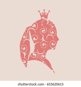 Profile view silhouette of a princess or queen decorated by spiral pattern. Vector Illustration. Cute adolescent girl portrait. Fashion branding emblem