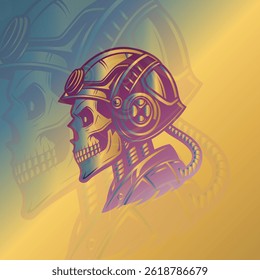 Profile view of a skull wearing a futuristic helmet. Gradient colors and bold lines. Ideal for t-shirt designs, album art, or gaming.