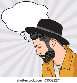 Profile view of thinking bearded man wearing hat looking down and thinking. Think bubbles icon. Pop art style. Vector illustration 