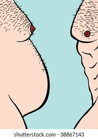 Profile view of two male torsos fat and muscular.