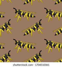 Profile view wasp seamless pattern. Decoration for greeting card, wrapper and textile. Brown background, vector.