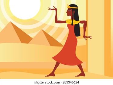 profile view of woman in ancient Egyptian dress in hieroglyphic pose. Pyramids in the desert