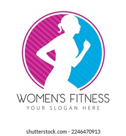 Profile view of a woman jogging. Women's fitness logo. Silhouette of a fit woman running side view. Fitness icon in pink and blue