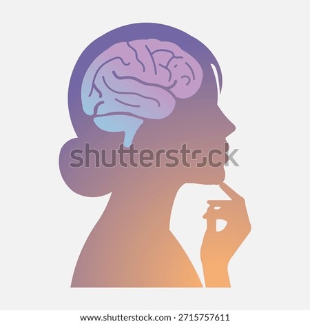 A profile view of a woman's head with a gradient from purple to orange, revealing a stylized brain with intricate details and vibrant colors within the silhouette