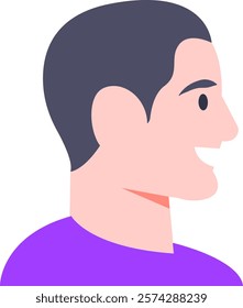 Profile view of a young man smiling, featuring short hair and dressed in a vibrant purple t shirt. Simple, flat vector illustration set against a clean white background