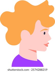 Profile view of a young man with vibrant orange hair wearing a purple shirt, looking to the right in a simple, flat design style. Vector illustration featuring modern, abstract elements