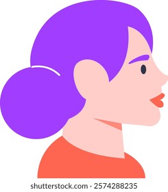 Profile view of a young woman with vibrant purple hair styled in a bun, wearing a red shirt, gazing to the right with a serene and peaceful expression on her face