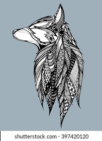 Profile wolf. Howling wolf. Portrait of a wolf. Stylized dog. Head. Line art. Black and white drawing by hand. Zentangl.