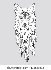 Profile wolf. Howling wolf. Portrait of a wolf. Stylized dog. Head. Line art. Black and white drawing by hand. Zentangl.