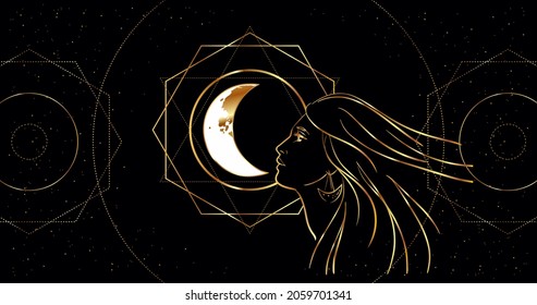 Profile of a woman against the background of the moon. Astrological art. Contour drawing on a black background.